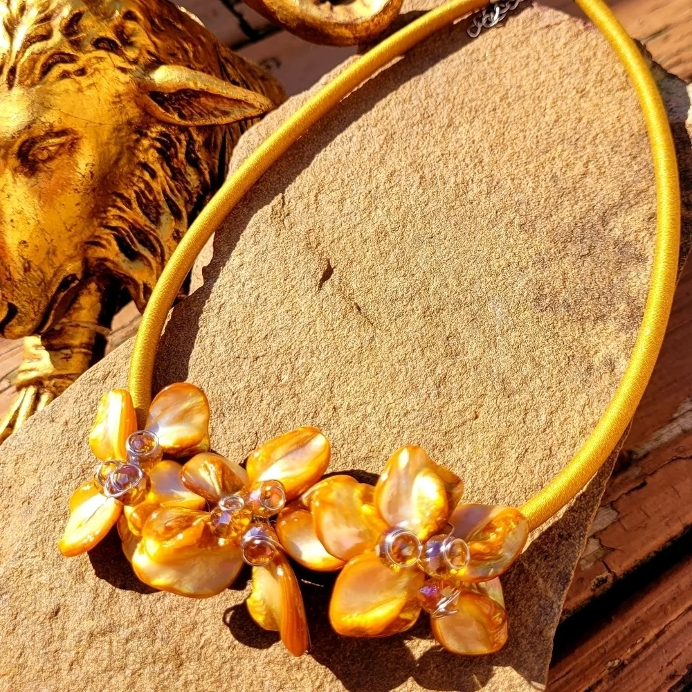 Vintage Handcrafted Golden Dahlia Flower Crystal Beaded Silk Statement N…